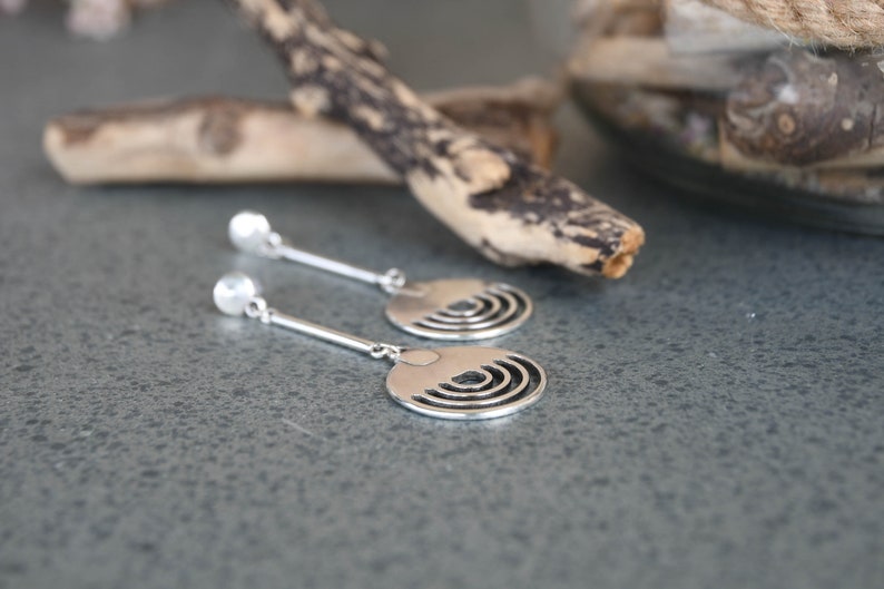 Silver Geometric BAR CIRCLE Drop earrings, Silver dangling geometric circle earrings, silver moon earrings, long silver modern earrings image 3