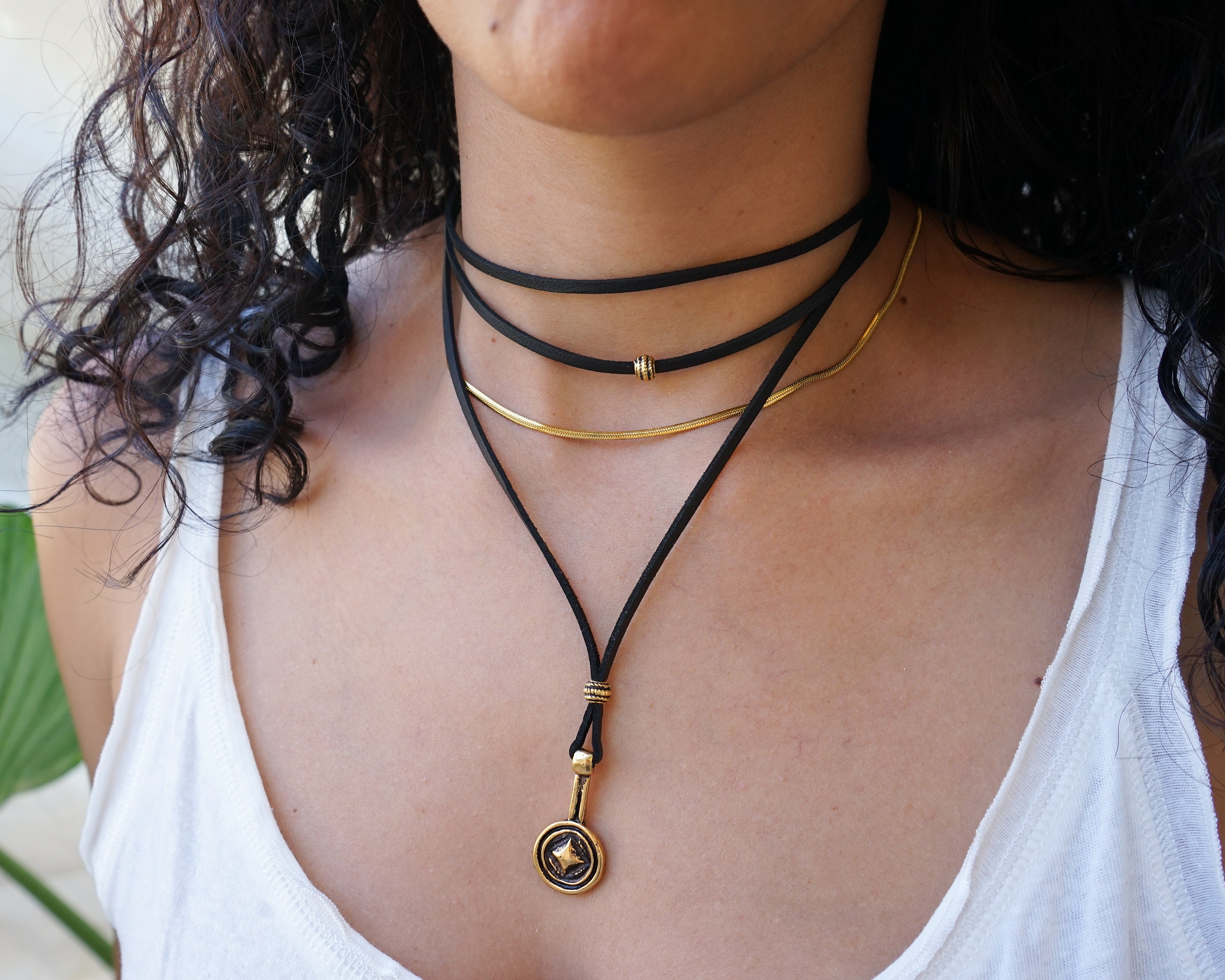 Black Leather Suede Wrap Choker Necklace, Leather Gold Coin Pendant Necklace,  Leather Wrap Choker, Wrap Necklace, Bohemian Silver Jewelry - Etsy