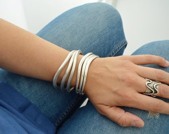 Hammered Silver Wavy Shape Bangle: Thick Oval Stacking Cuff