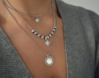 SET of THREE silver GEOMETRIC Coin Necklaces: layered stacking round coin charms, Shop Unique Custom Personalised Jewelry Designs Online