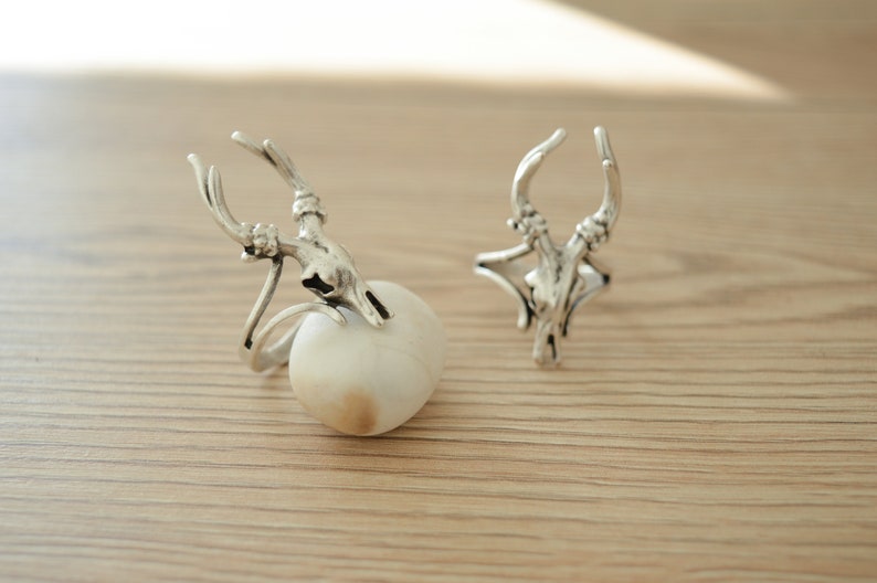 Gift for Her Bohemian Antique Silver DEER SKULL Ring Animal reindeer caribou Ring Silver Adjustable Stackable Ring Long Statement Ring