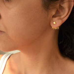 Gold Eye Design Ear Jacket Earrings, Gold Geometric pushback earrings, Edgy Modern Jewelry, Xmas, Mother's Day gift, Free people jewelry image 9