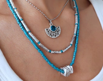 SET OF 3 of Blue Paraiba Gemstone pendant & Handmade Greek ceramic beaded Necklaces Stacking Layers Gemstone Summer jewellery Gift for her