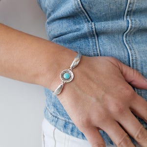 Silver Semi Cuff Bracelet: Turquoise Enamel Floral Coin, Adjustable Wristband
