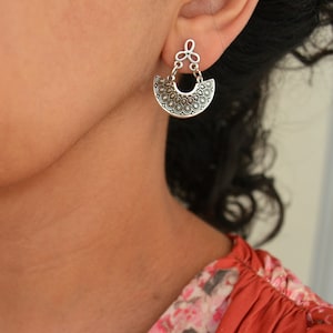 Antique silver dangling Greek Shield earrings, Silver half moon crescent earrings, Silver hemicycle dangle earrings,bohemian ethnic earrings image 4