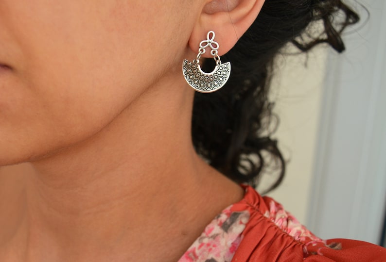 Antique silver dangling Greek Shield earrings, Silver half moon crescent earrings, Silver hemicycle dangle earrings,bohemian ethnic earrings image 4