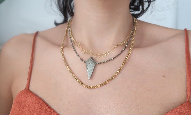 PYRITE Beaded Gemstone Necklace with Arrowhead Pendant, Bohemian Modern Delicate Punk Rock Style Semi-Precious Beads Jewellery, Gift for her image 7