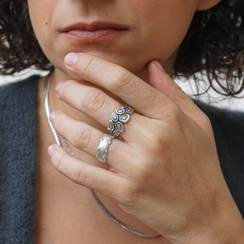 Antique Silver Large ARMOUR Band Ring wt Grains, Silver Balls Boho Ring Bohemian Minimal Adjustable Stacking Ring, Plated Chunky band ring image 2