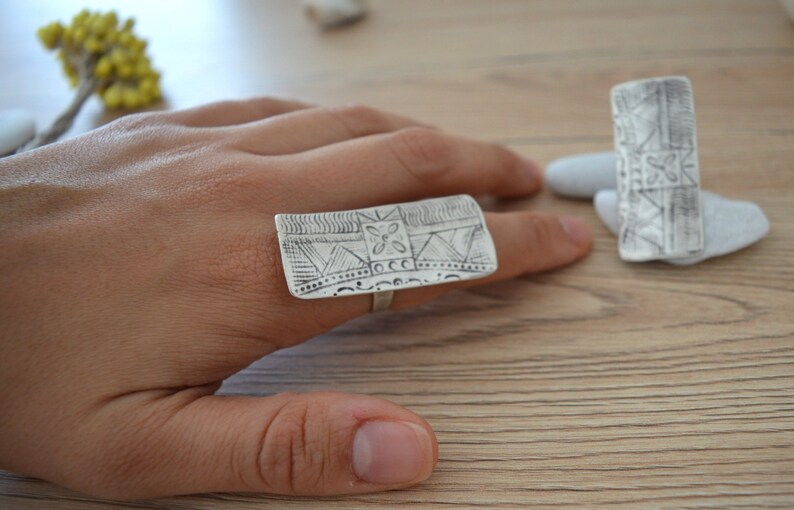 African Tuareg Shield ring, Long Rectangular engraved ring, Bohemian Ethnic Tribal Rings, Free people style rings, Silver Tuareg Jewellery image 5