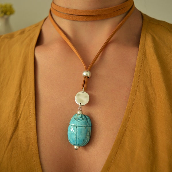 Turquoise Scarab Wrap Necklace Choker, Eternity Symbol Necklace, Mustard Tie up Bolo Choker, Native American Indian Navajo Necklace Jewelry