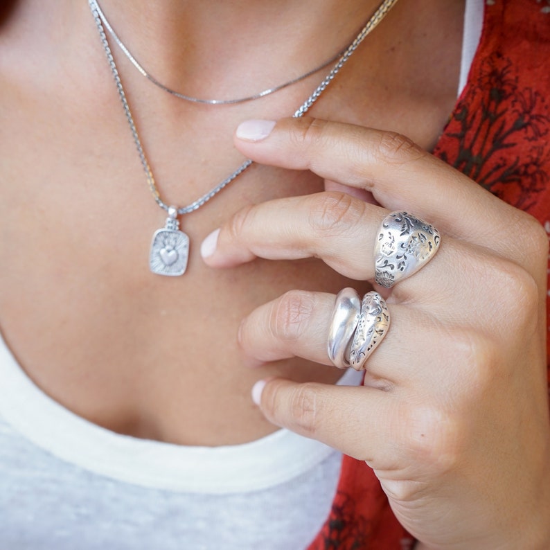 Bohemian Antique Silver FLORAL DOME ring, Sade Bold Organic Shape adjustable ring, Dainty Big Stacking Minimal Layered silver plated ring image 4