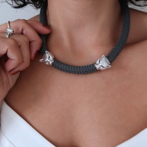 Grey Recycled Polyester Climbing Rope Necklace, Silver Plated Leopard Tubes, Bohemian Chunky fabric textile statement lightweight jewellery