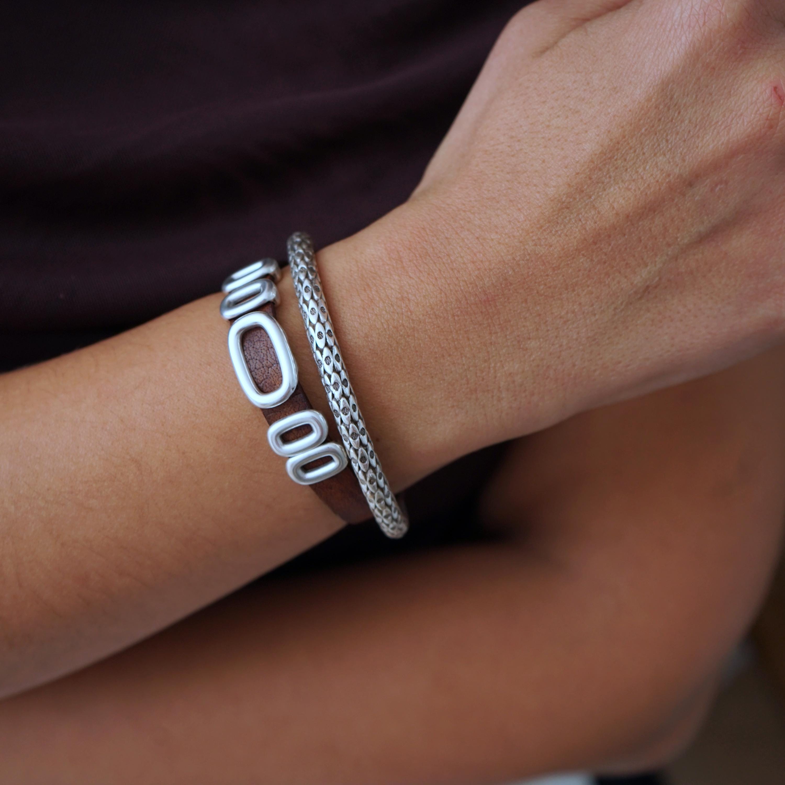 Antique Silver Snakeskin Style Cuff Stacking Layers Bracelet Bangle Bohemian Chunky Ethnic Tribal Engraved Symbols Jewellery Gift for Her
