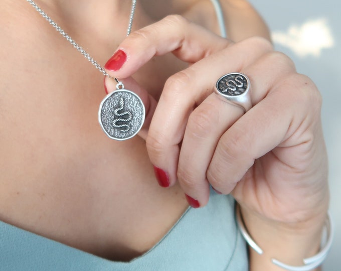 Antique Silver Snake Stamp Necklace, Round Relief Serpent Animal charm necklace, layered stacking dainty hippie, eco jewelry, gift for her