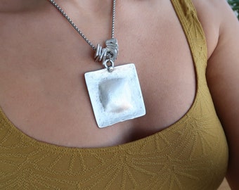 Large Silver Square Pendant Necklace: Hammered Bead, Tribal Inspired
