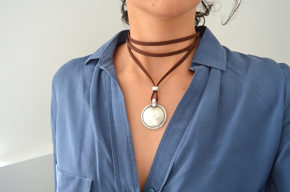 Brown Leather Wrap Necklace Leather Coin Necklace Wrap Choker