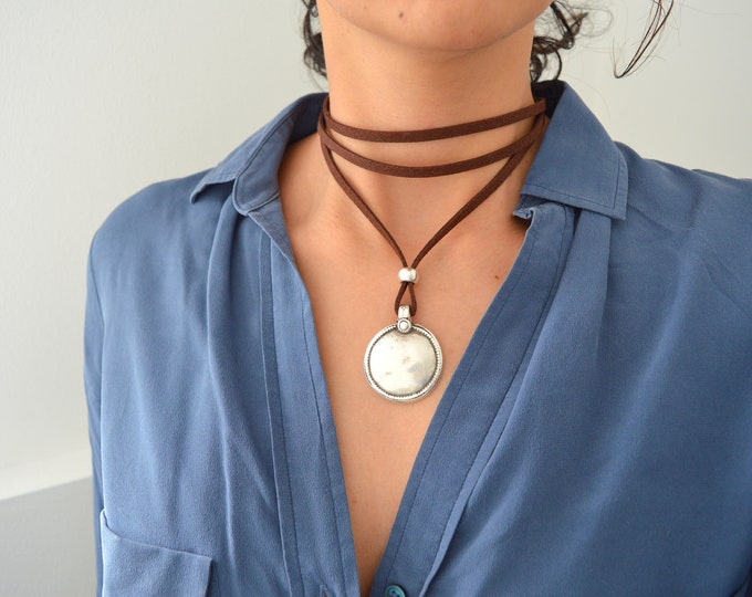 Brown Leather Wrap Necklace, Leather Coin Necklace, Wrap Choker Necklace, Tie Up Bolo Necklace, Bohemian Leather Jewelry, Suede Coin Jewelry