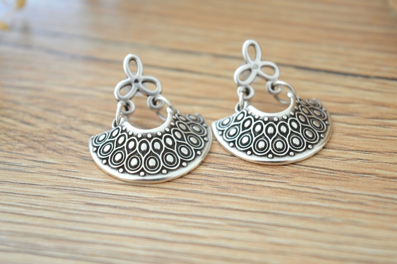 Antique silver dangling Greek Shield earrings, Silver half moon crescent earrings, Silver hemicycle dangle earrings,bohemian ethnic earrings image 7