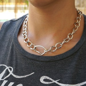 Antique Silver CLIMBER CLIP Chunky chain choker, Thick Chain Necklace, Punk Rock BikerStyle jewelry, Trace chain necklace, Cool gift for her image 1