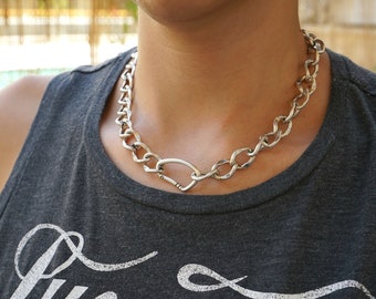 Antique Silver CLIMBER CLIP Chunky chain choker, Thick Chain Necklace, Punk Rock BikerStyle jewelry, Trace chain necklace, Cool gift for her