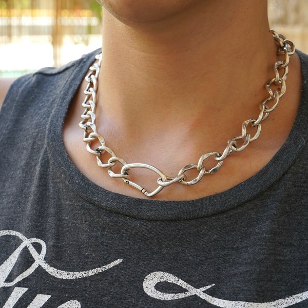 Antique Silver CLIMBER CLIP Chunky chain choker, Thick Chain Necklace, Punk Rock BikerStyle jewelry, Trace chain necklace, Cool gift for her