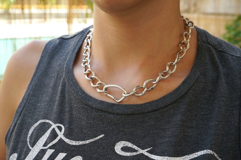 Antique Silver CLIMBER CLIP Chunky chain choker, Thick Chain Necklace, Punk Rock BikerStyle jewelry, Trace chain necklace, Cool gift for her image 1