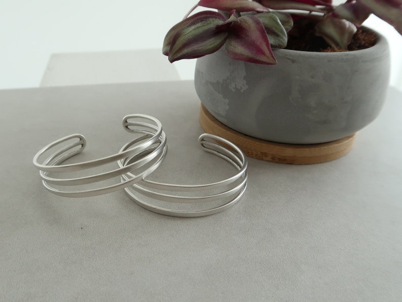 Antique Silver Shiny 3 Flat Lines cuff bracelet, Arm Candy, Bohemian Stacking Layering Modern Minimalist Abstract Bangle Jewellery, Gift image 8