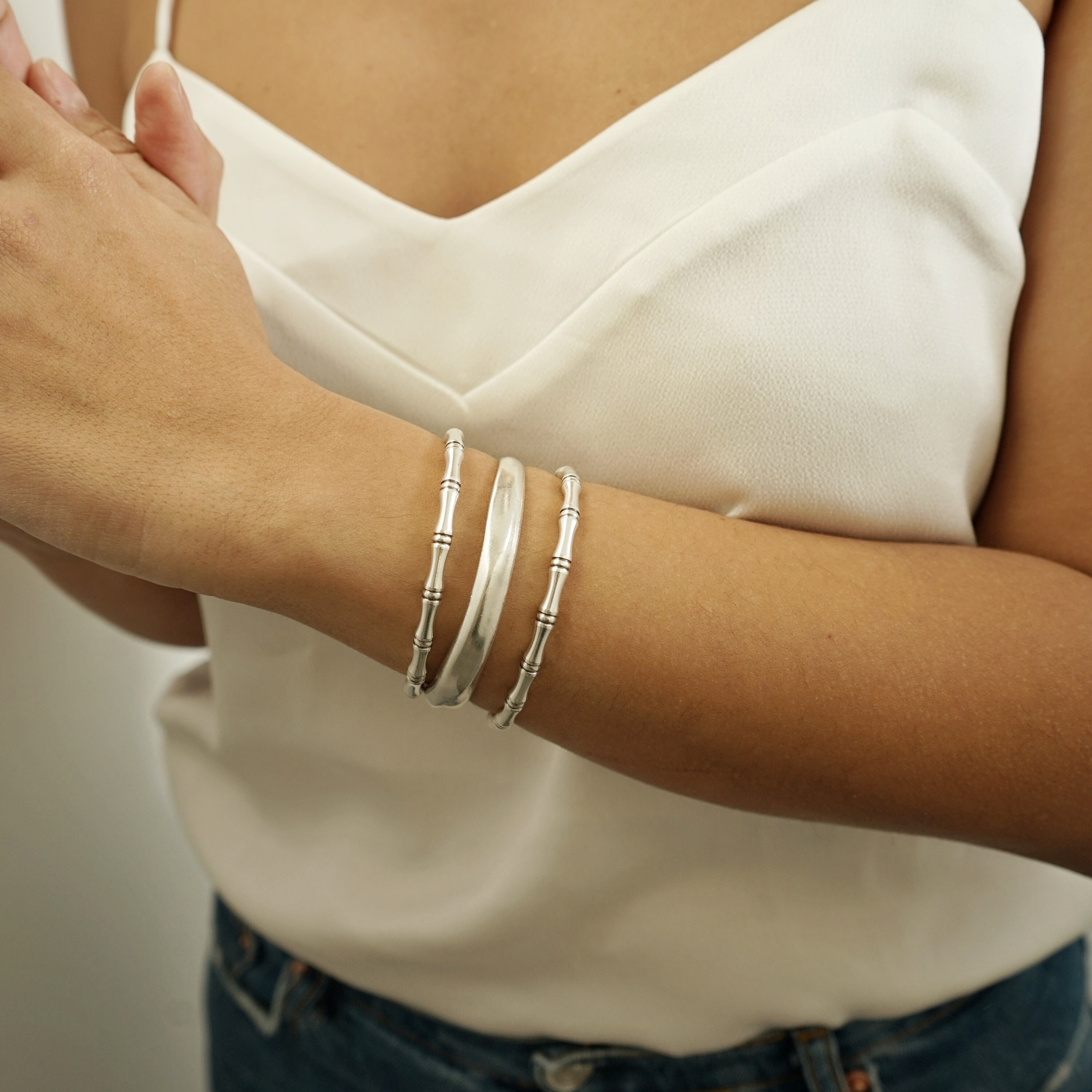 NEW Antique Silver Bamboo Cuff Bracelet, Dainty Delicate