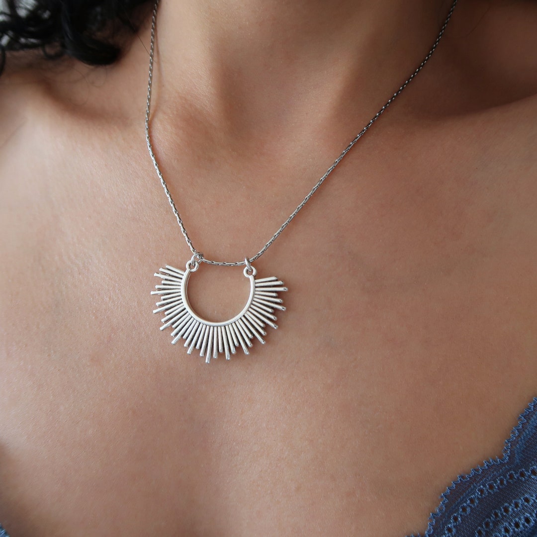 Silver Sun Rays Pendant Necklace: Stainless Steel Cobra Chain, Bohemian ...