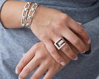 Abstrakter Designring Größe 62 Klassisch Elegant Echt Silber 925