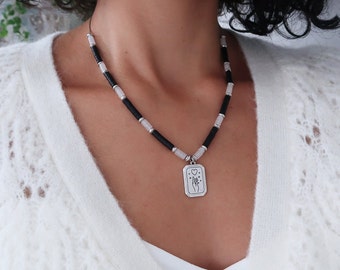 Silver BLACK - WHITE JADE Beaded wt Orthogonal Hand Reaching Heart Pendant Necklace, Delicate Minimal Modern Geometric jewelry, Gift for her