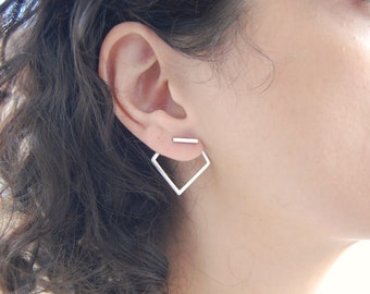 Silver Bar & Diamond Ear Jackets Earrings: Geometric, Modern, Minimalist, Bold Statement Contemporary Jewerly, Artistic Gift for Women