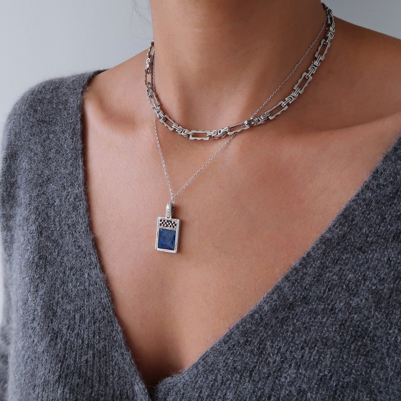 Set of two stainless steel SQUARE chain & silver meander pendant necklace, layered stacking bohemian dainty minimal jewellery, gift for her image 9