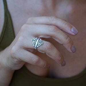 Silver Double Spiral Ring: Bohemian Ethnic Style Tribal Jewelry, Unique Artisan Statement Ring, Festival Jewelry for Her, Adjustable Size