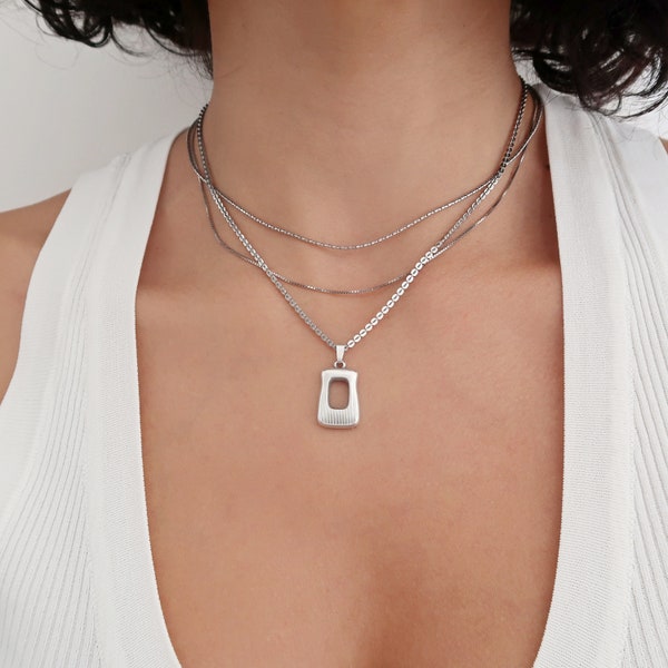 Antique Silver Hollow SQUARE pendant necklace, mix n' match necklace, layered geometric bohemian dainty delicate ethnic jewelry gift for her
