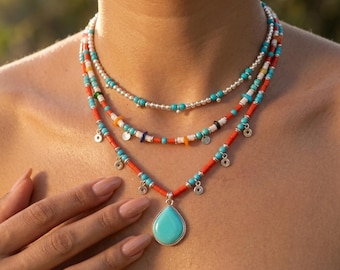 Turquoise Teardrop Pendant Necklace with Coral Tube Beads & Silver Charms: Layering Summer Beach Jewelry, Handmade Boho Summer Gift for Her