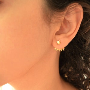 Gold Eye Design Ear Jacket Earrings, Gold Geometric pushback earrings, Edgy Modern Jewelry, Xmas, Mother's Day gift, Free people jewelry image 8