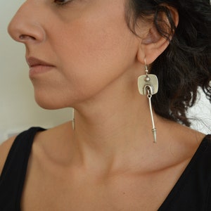 Antique silver long bar earrings, Geometric Abstract Square Arrow Drop Earrings, Bohemian Boho Dainty Hippie Free People style jewellery image 8