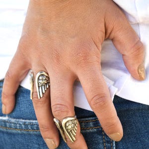 Zilveren ring met engelenvleugels: dierenring, symbolische boho-symbolische handgemaakte rockstijlsieraden, spirituele powerring cadeau, verstelbare Amerikaanse maat: 6-7,5