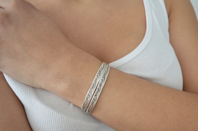 Antique silver engraved WAVE cuff stacking bracelet, Arm Candy, Bohemian Cuff Bangle Bracelet Jewellery, Gift for her, US wrist 6-7.5 inches image 3