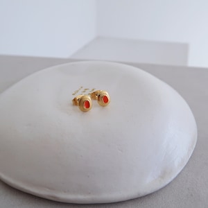 Gold Plated Free Form Organic Shape Earrings with White/Orange/Emerald Enamel, Dainty Ethnic Delicate Vintage Style Stud earrings, gift Orange