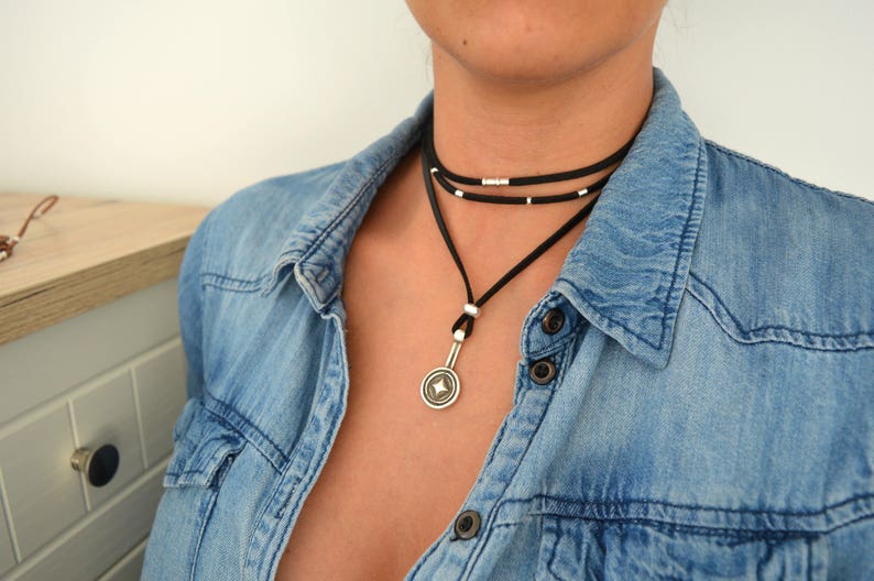 Black/Brown Leather Suede Wrap Choker Necklace, Leather Coin Pendant Necklace, Leather Wrap Choker, Wrap Necklace, Bohemian Silver Jewelry image 7