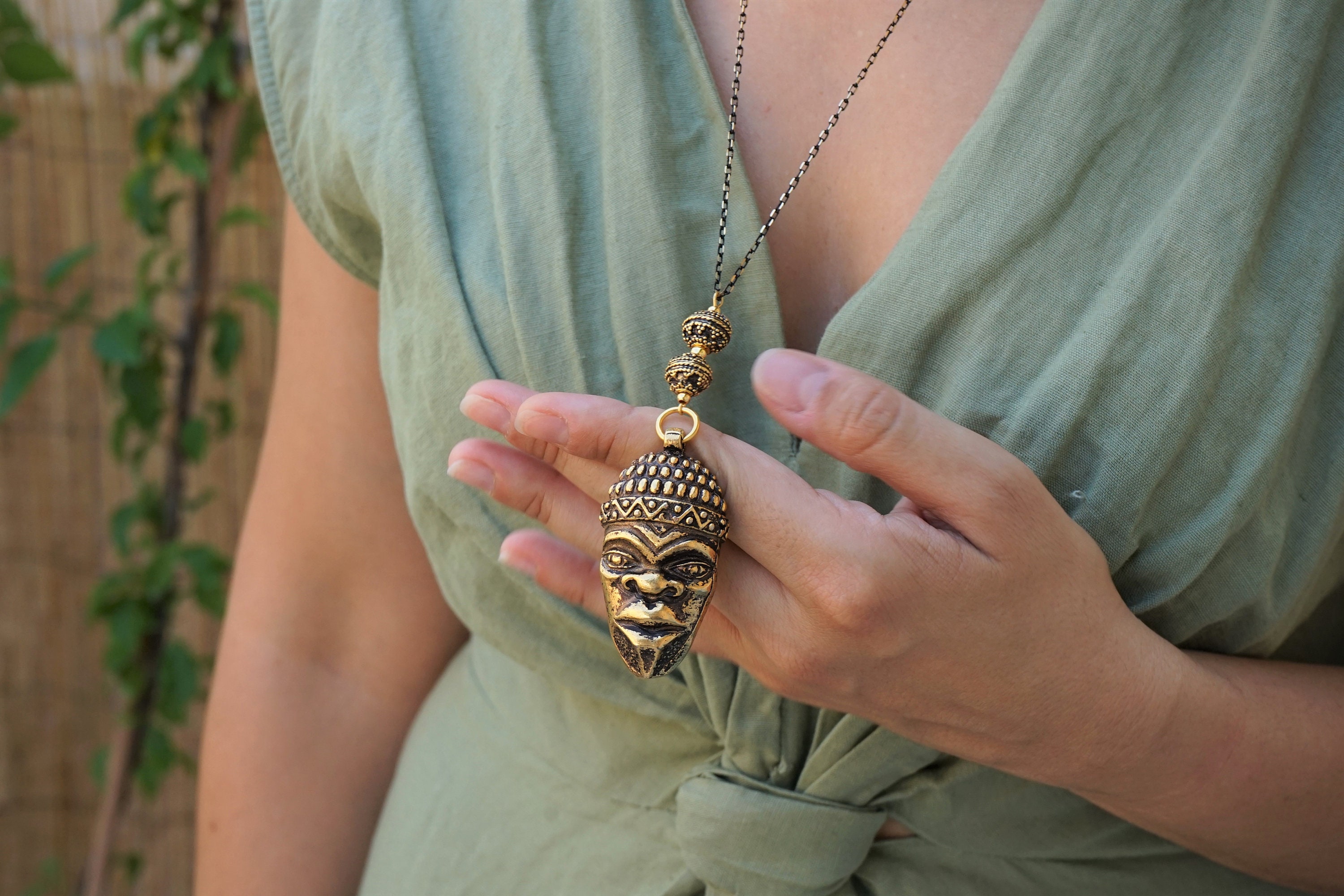 Antique Gold African Mask Head Pendant 