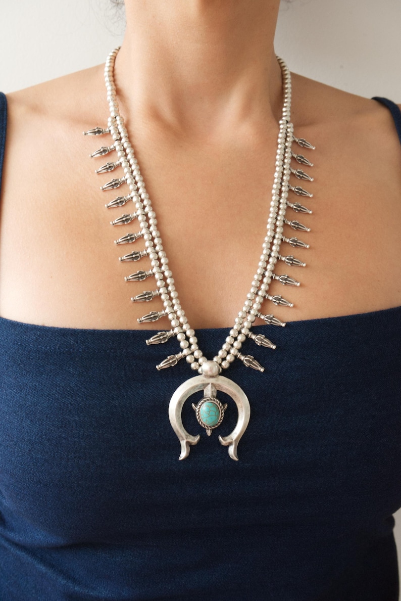 Half Moon Squash Blossom Necklace: Southwestern Statement Bohemian Festival Jewelry, Long Layering Necklace, Native-Inspired Design 2. Turquoise