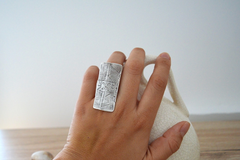 African Tuareg Shield ring, Long Rectangular engraved ring, Bohemian Ethnic Tribal Rings, Free people style rings, Silver Tuareg Jewellery image 9