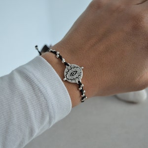 Silver evil eye lucky hippie charm bracelet, Bohemian black wrap macrame bracelet, good luck protection Jewelry, affordable gift for her