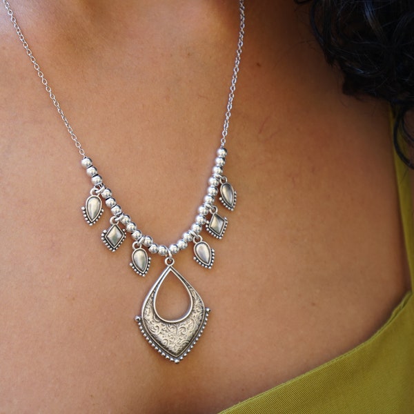 Bohemian Antique Silver Chandelier Rhombus Drop Necklace, Ethnic Rhombus Pendant, Boho Tassel Gypsy Turkish Jewelry, Free People Style, Gift