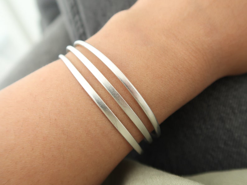 Antique Silver Shiny 3 Flat Lines cuff bracelet, Arm Candy, Bohemian Stacking Layering Modern Minimalist Abstract Bangle Jewellery, Gift image 9