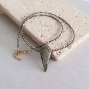 PYRITE Beaded Gemstone Necklace with Arrowhead Pendant, Bohemian Modern Delicate Punk Rock Style Semi-Precious Beads Jewellery, Gift for her image 9