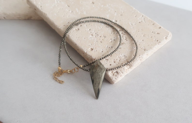 PYRITE Beaded Gemstone Necklace with Arrowhead Pendant, Bohemian Modern Delicate Punk Rock Style Semi-Precious Beads Jewellery, Gift for her image 9